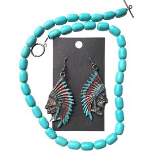 Silver Metal Indian Earrings & Blue Beaded Choker Necklace - 2-Piece Set